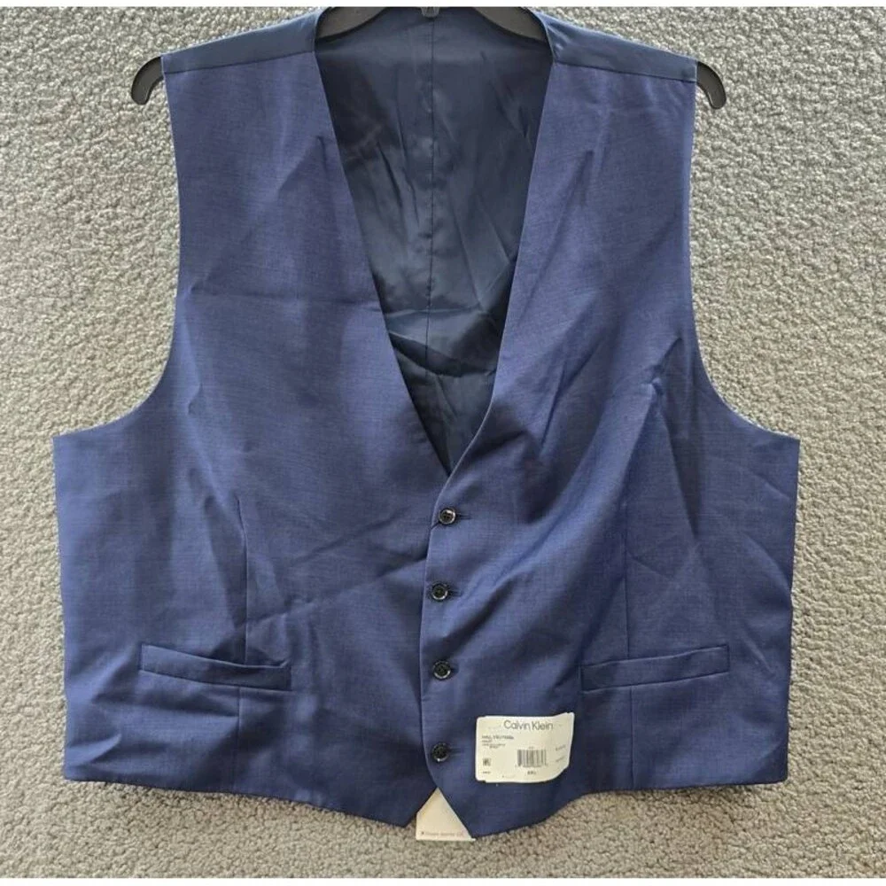 Calvin Klein Slim-Fit Wool Infinite Stretch Suit Vest Mens XXL Blue Button Front